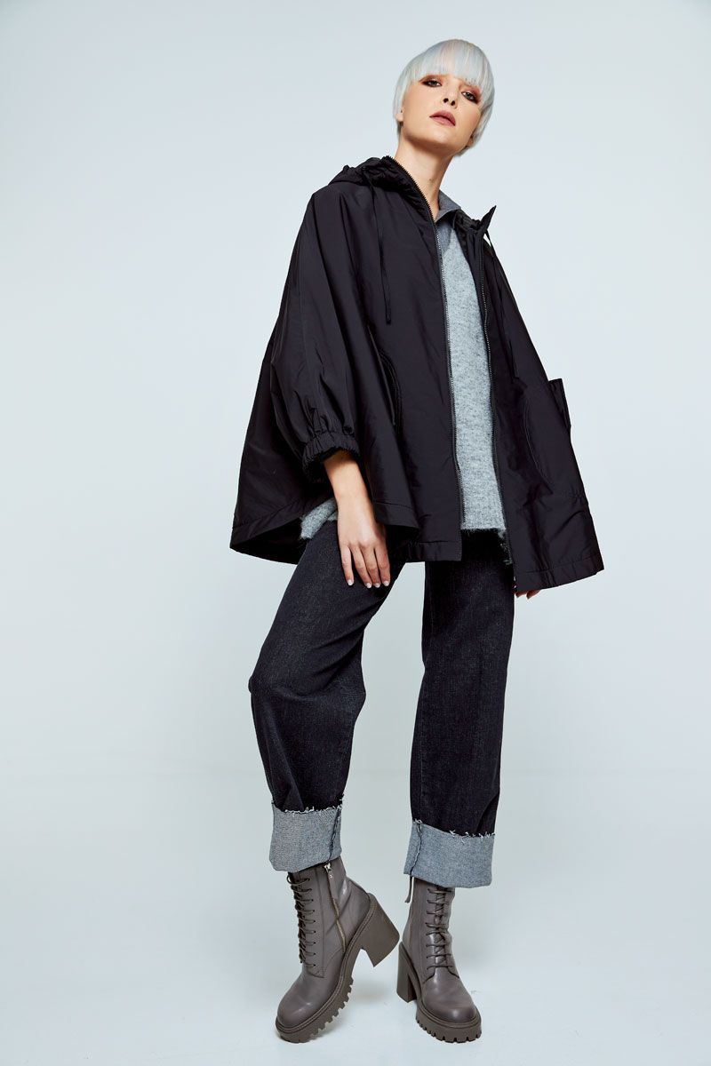 Short oversized hooded cape  in engineered material