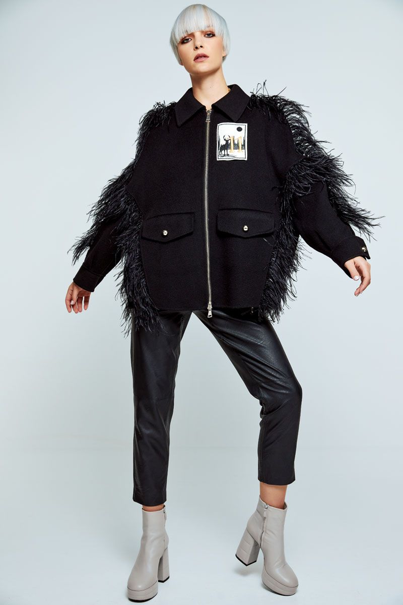 Black short jacket embellished with feathers
