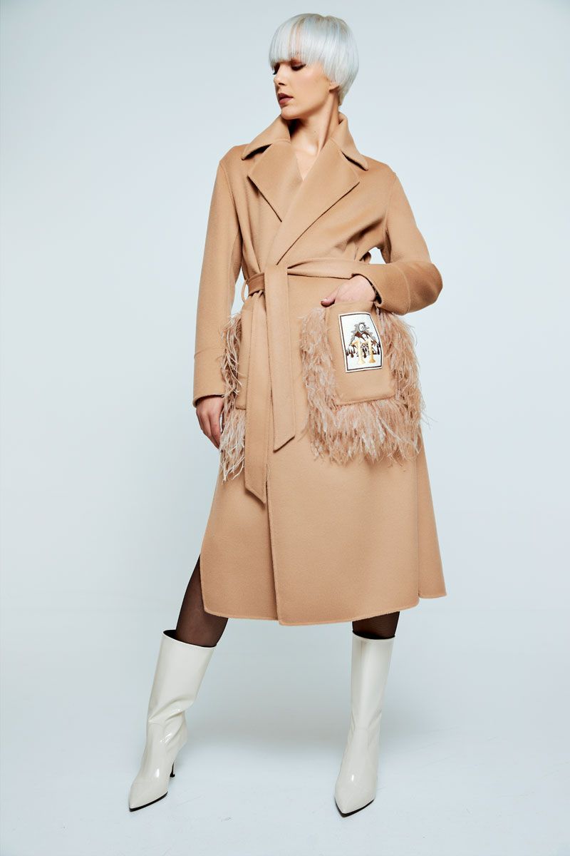 Wool coat embellished with feathers