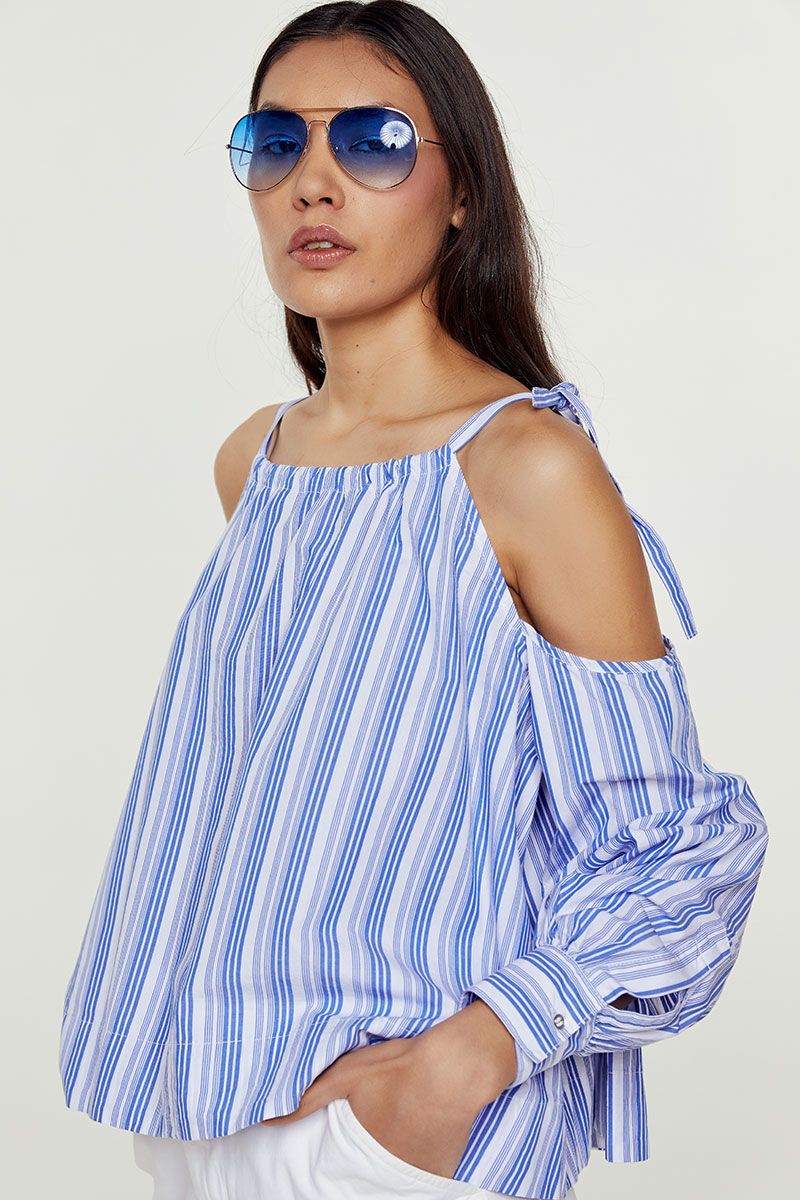 Cold shoulder blouse in striped cotton-poplin 