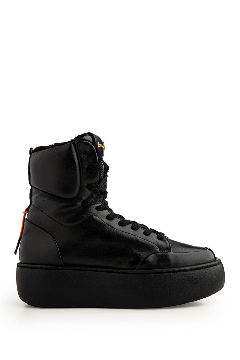 High-top black leather and shearling  sneakers