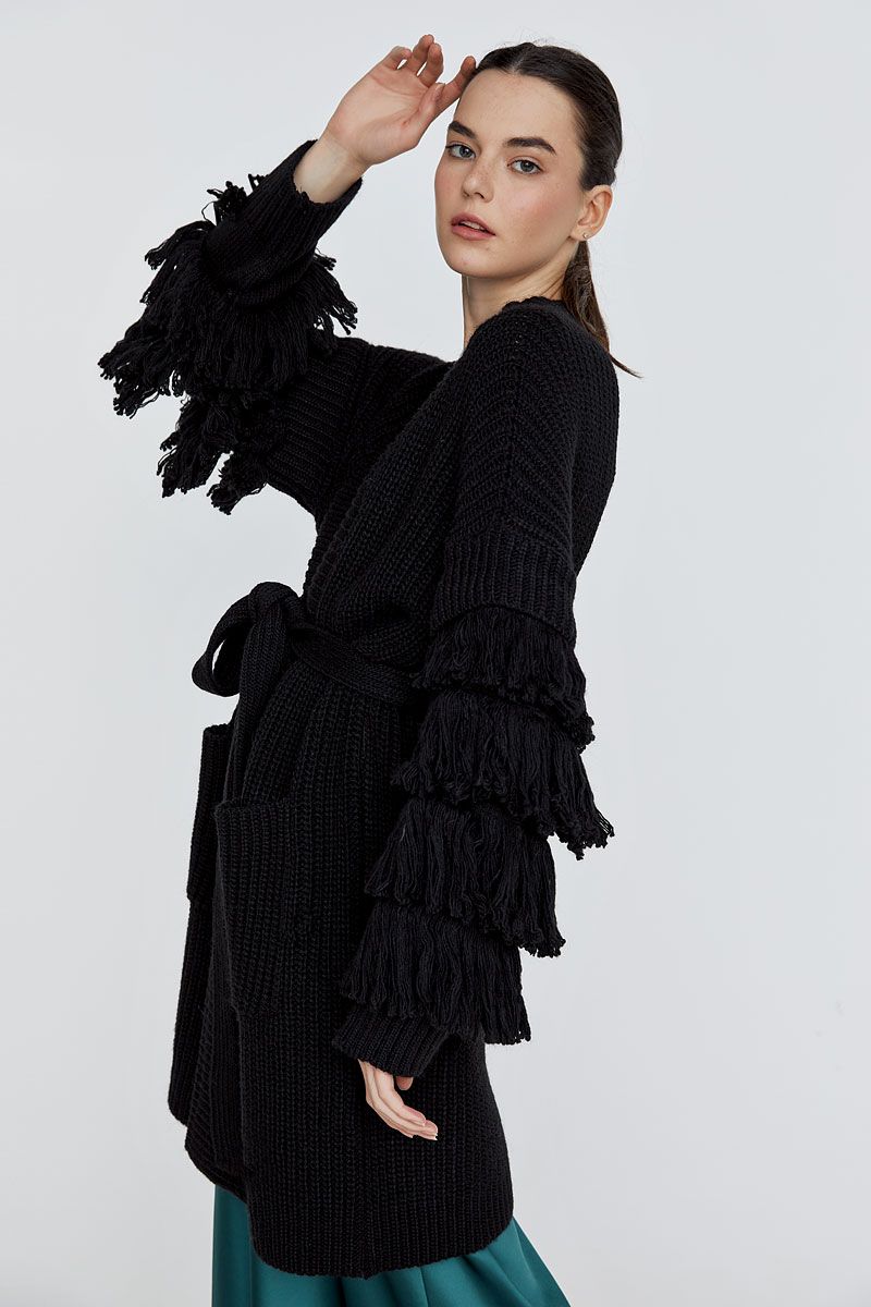 Black knitted cardigan with fringed sleeves