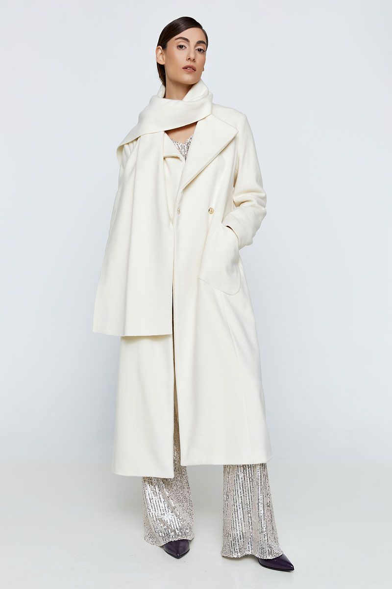 Long scarf-neck coat in ivory