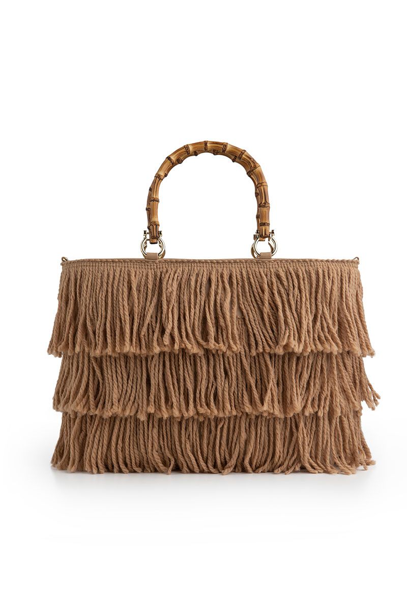 Leather and wool-blend fringed tote bag