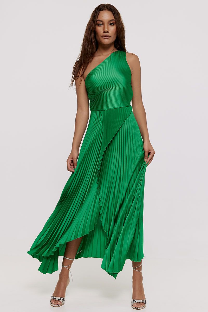 One-shoulder pleated dress in bright -green