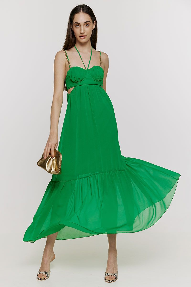 Long dress in bright green with gathered cups