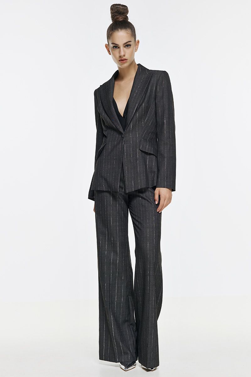 Palazzo pants in translucent pinstripe with smoked button motif 