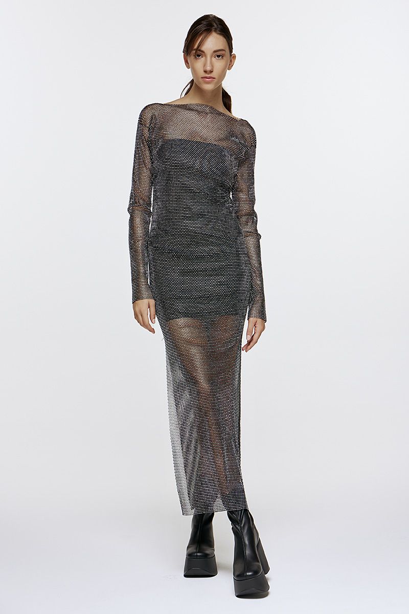 Crystal embellished fishnet midi dress