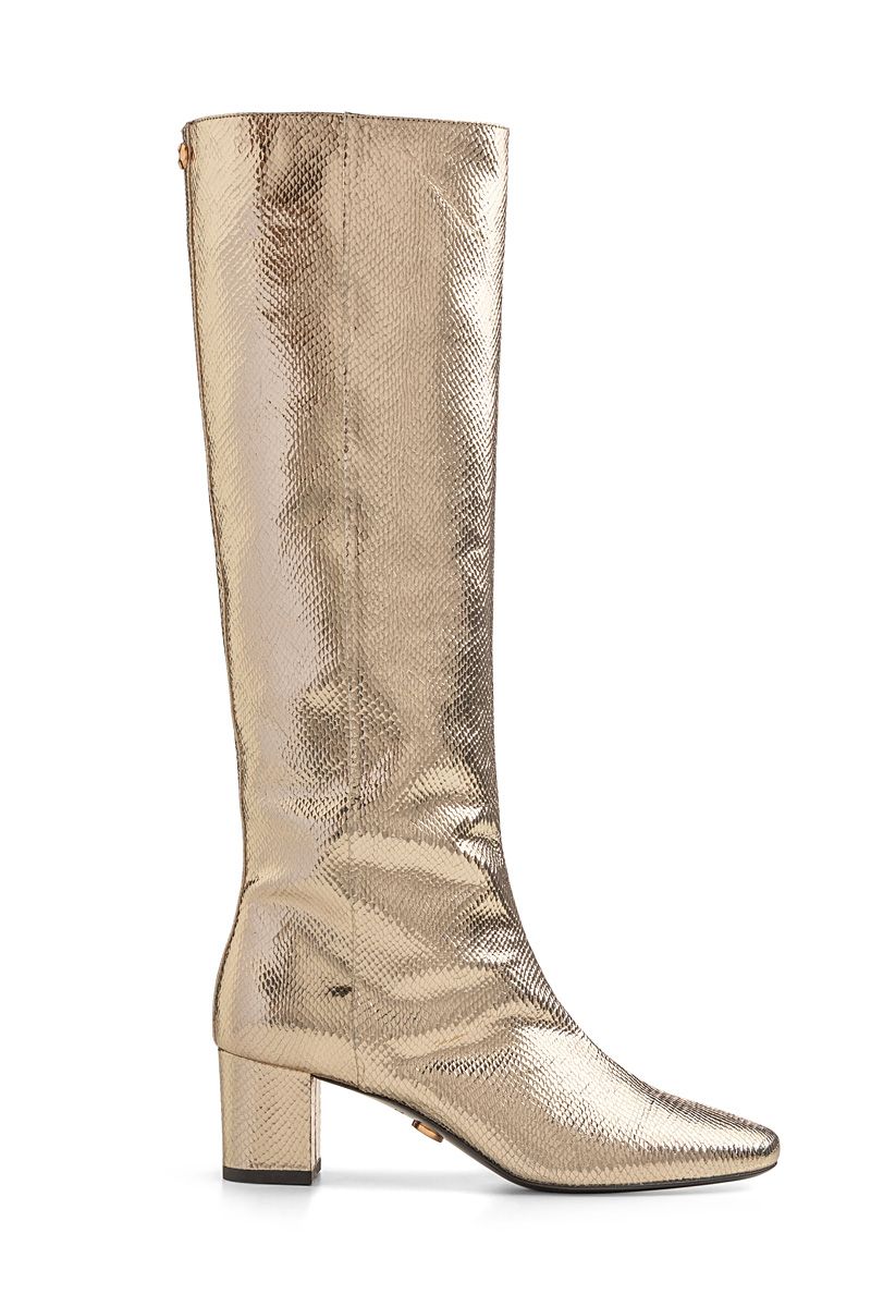 Gold croc-effect leather knee boots