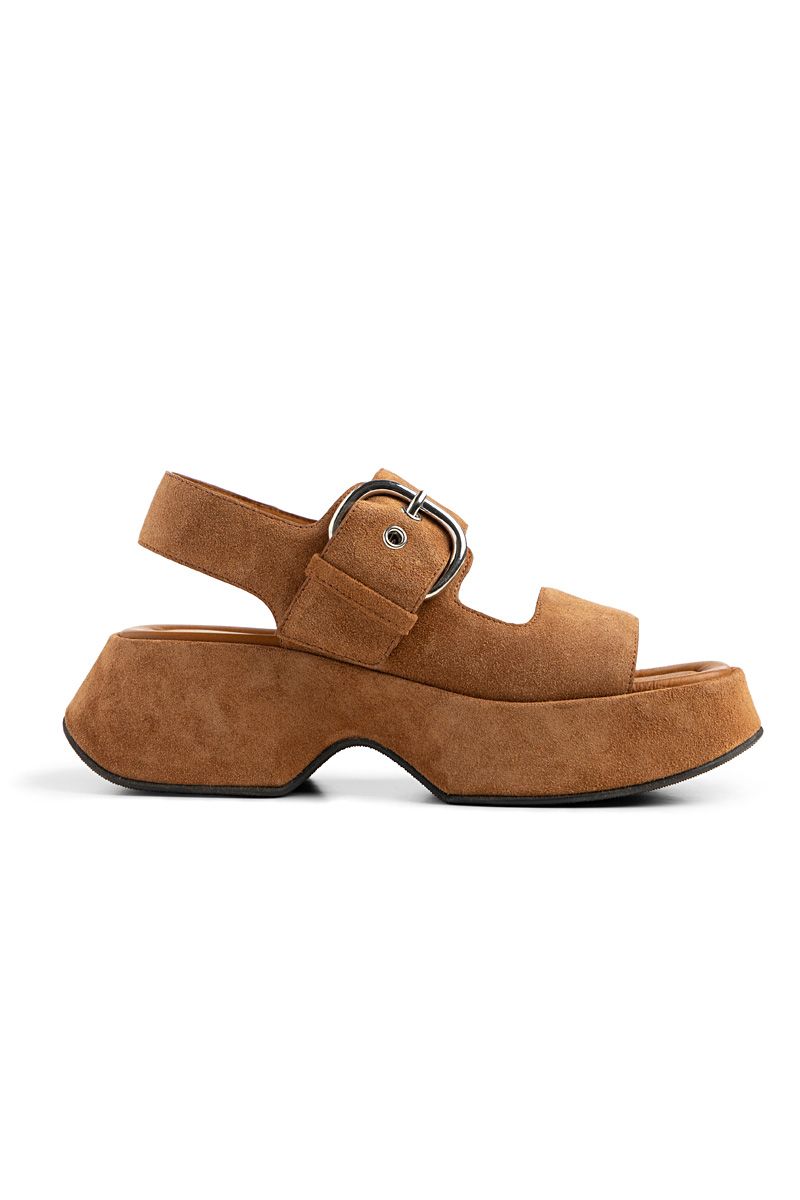 Band sandals in soft tobacco -brown split calfskin