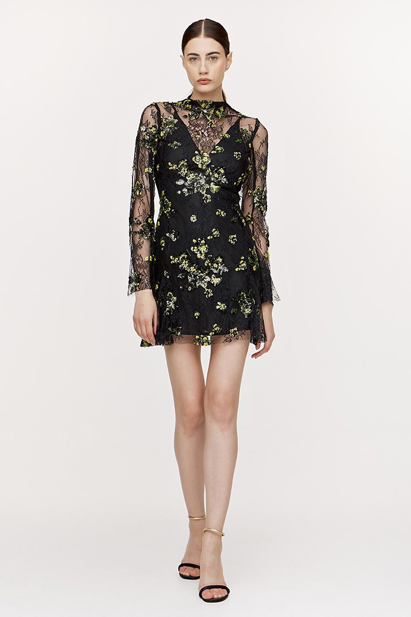 Lace mini dress with sequined  embroideries