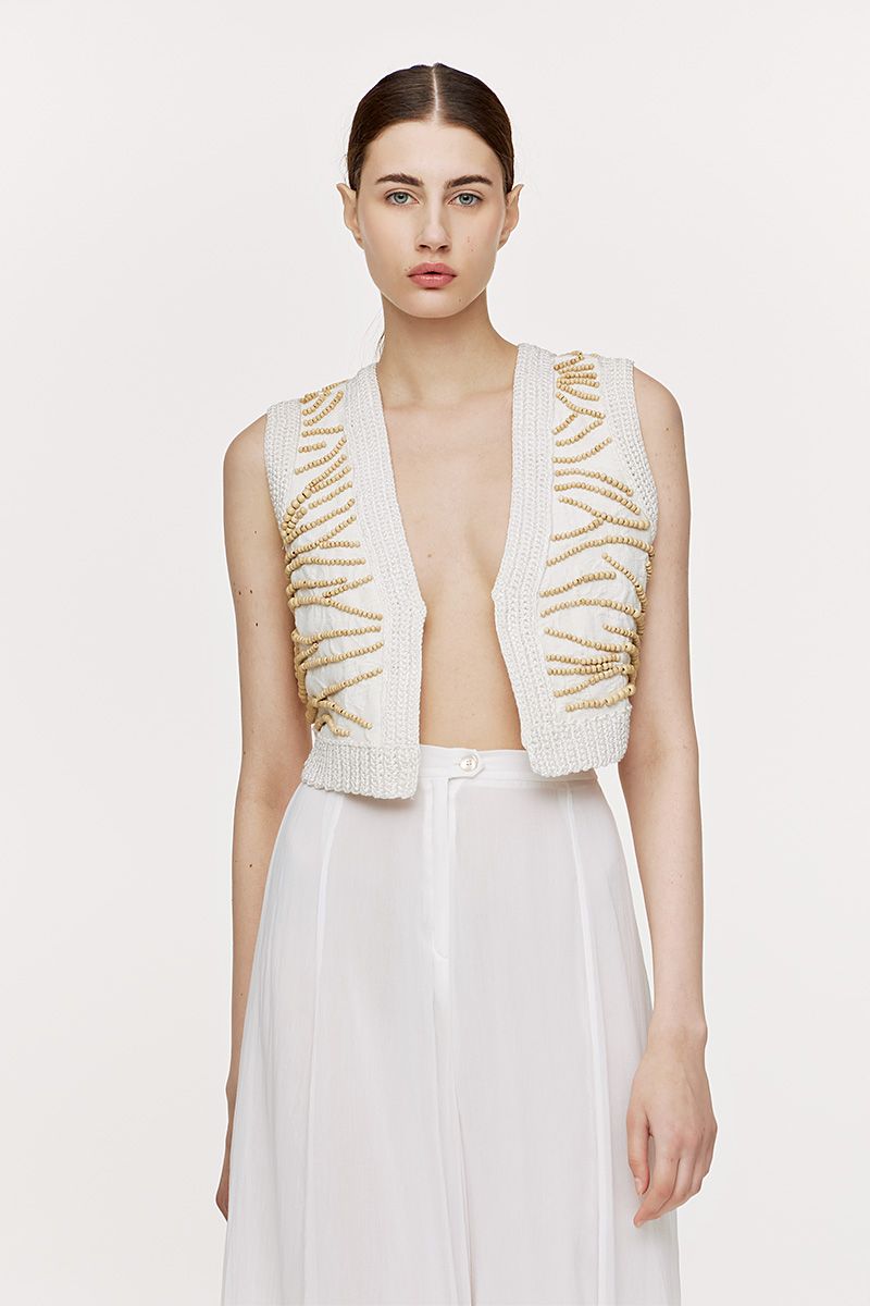 Jacquard–cotton vest with macramé detailing
