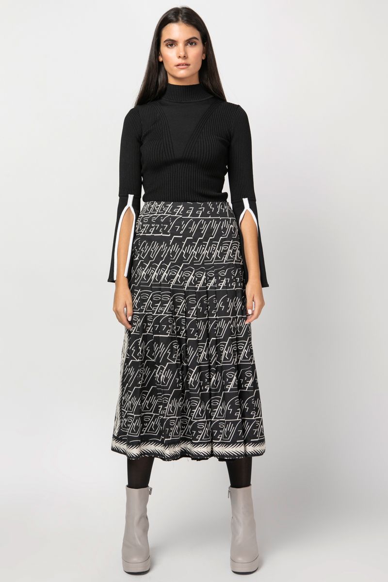 Ασπρο-μαύρη  μίντι printed φούστα με πιέτες