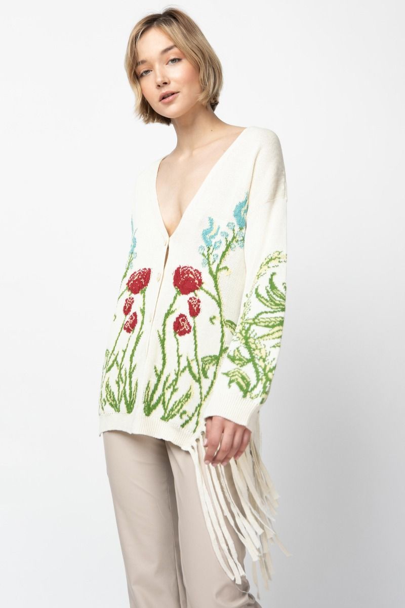 Embroidered cardigan with fringes
