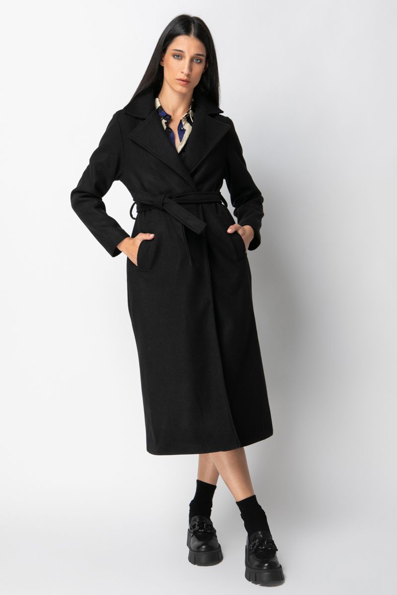 Belted black midi coat 