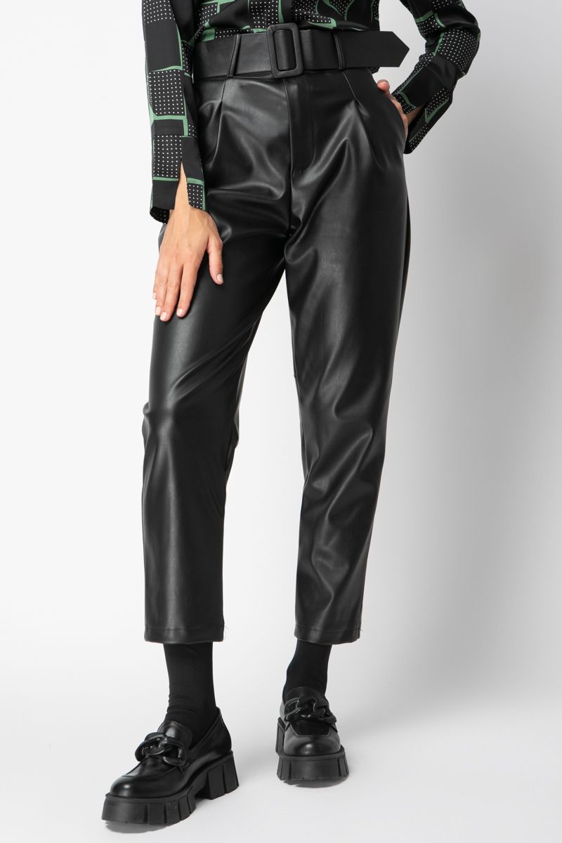 Belted high-rise pleated vegan synthetic leather pants 