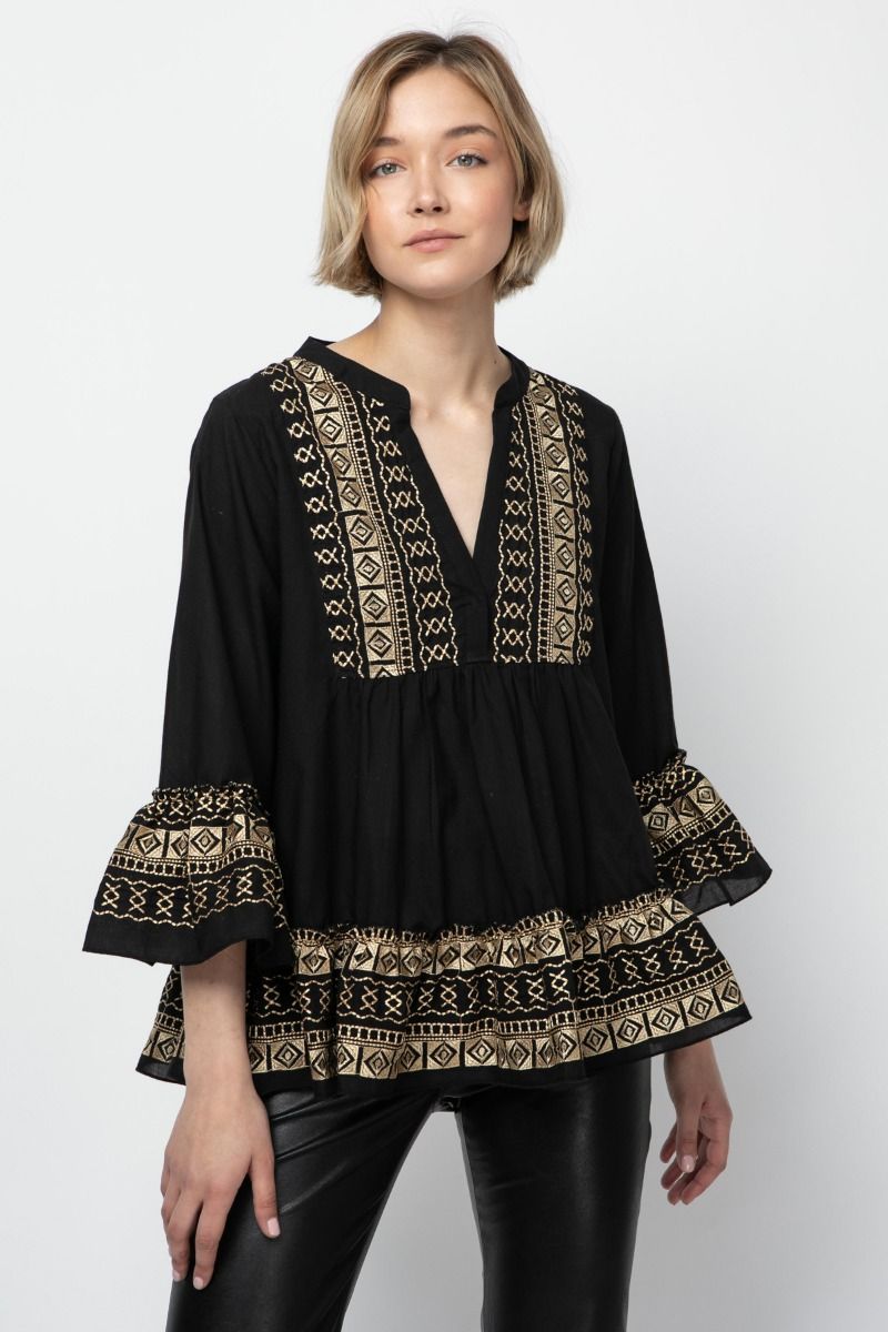 Blouse in black with gold embroidery  
