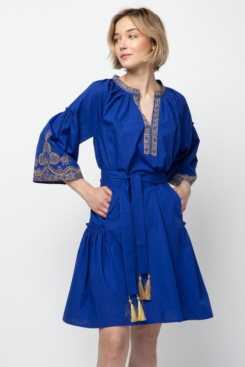 Dress in royal blue with gold embroidery