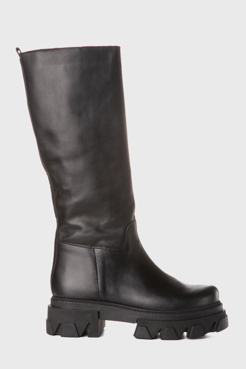Black leather boots with chunky sole