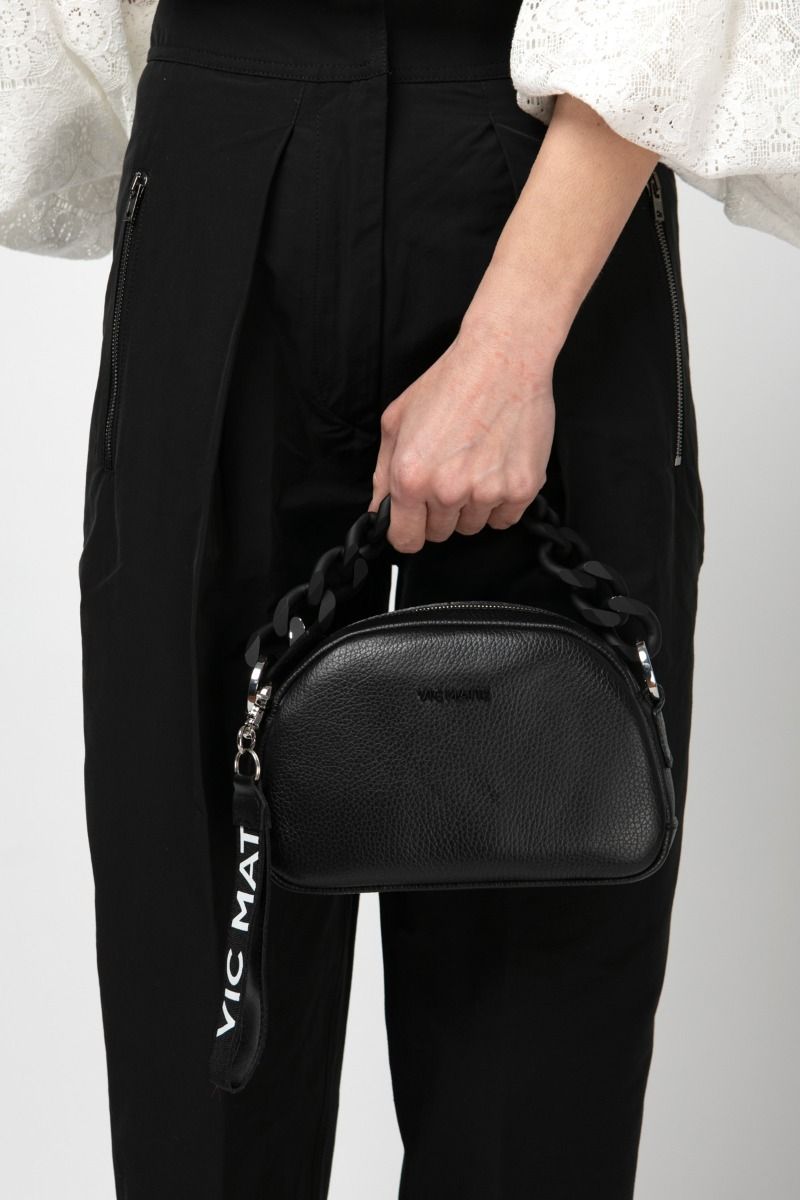Mini black leather bag with black chain 