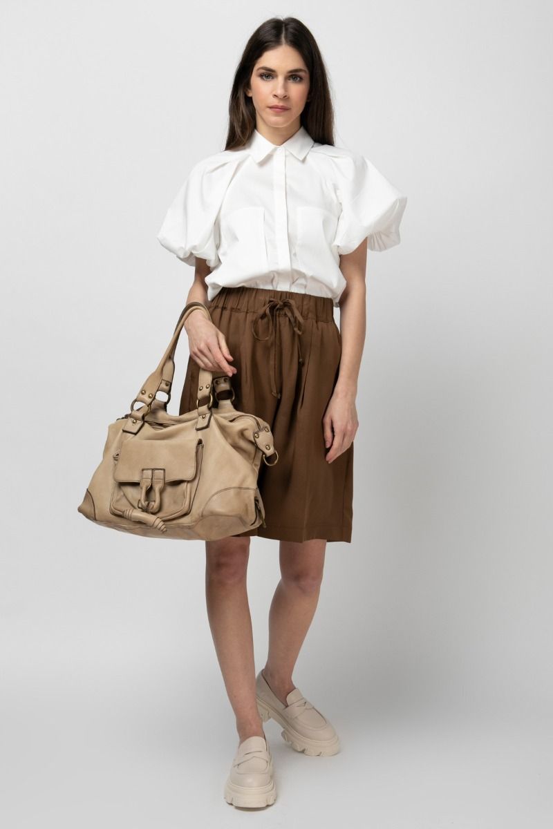 Cotton-poplin shirt with puffed short sleeves 