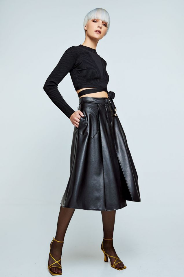 Vegan leather midi black skirt 