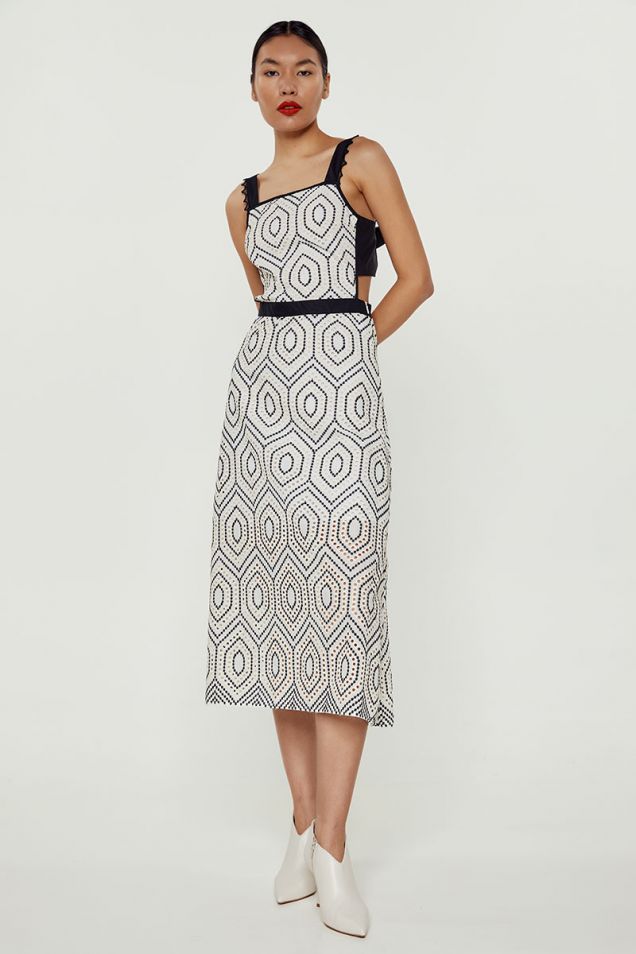 Midi dress in black and white broderie anglaise