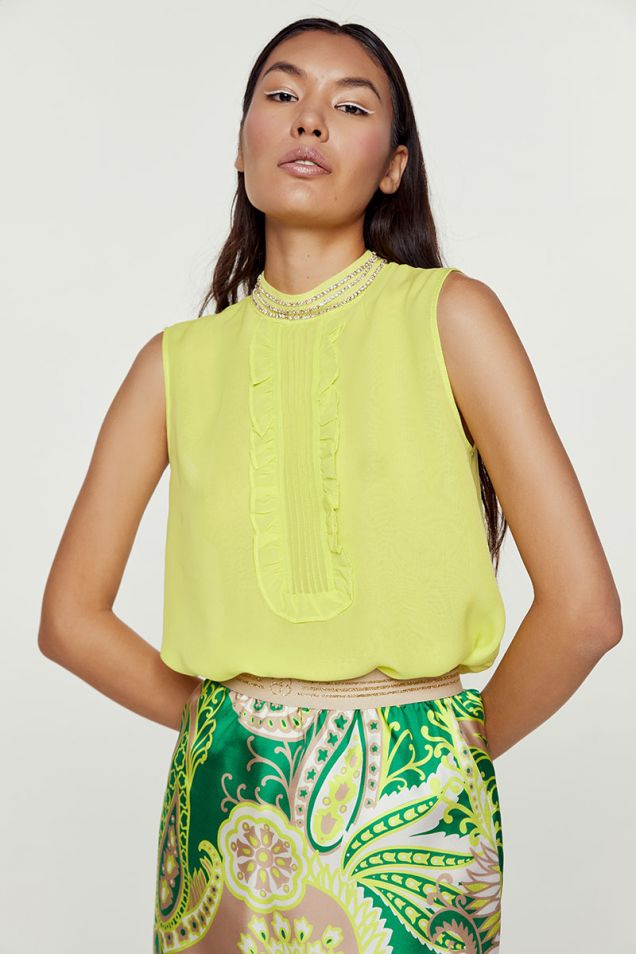 Lime silk top embellished with strass 