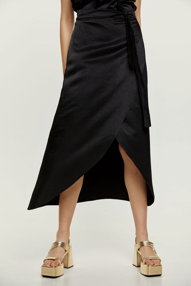Midi wrap skirt in black satin 