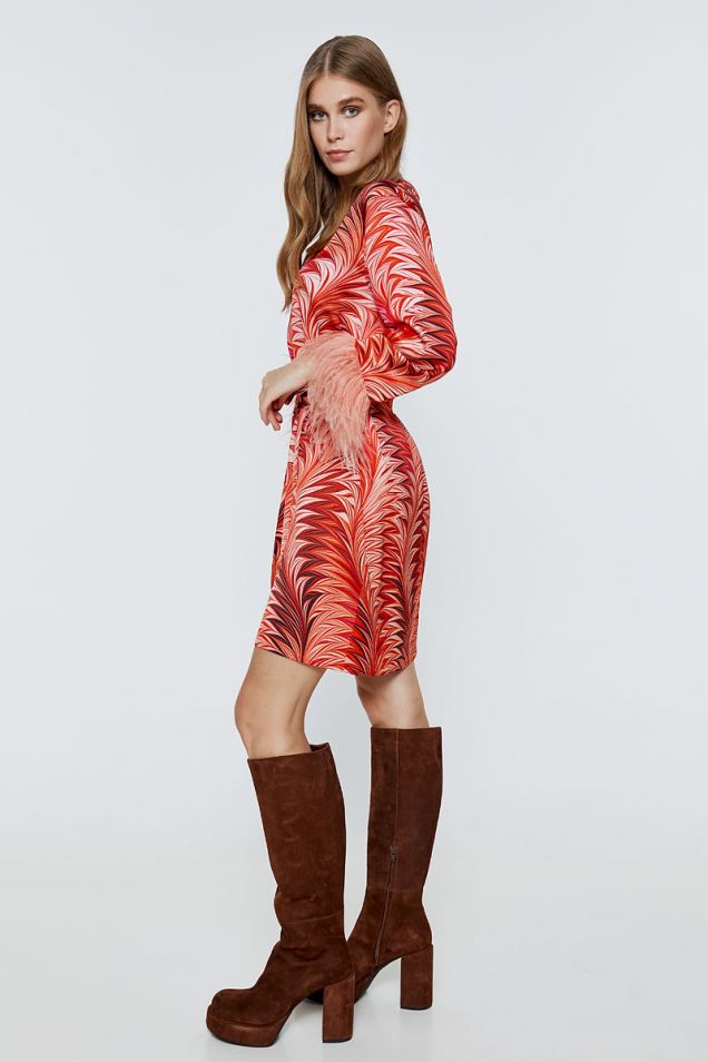 Printed dress embellished with feathers