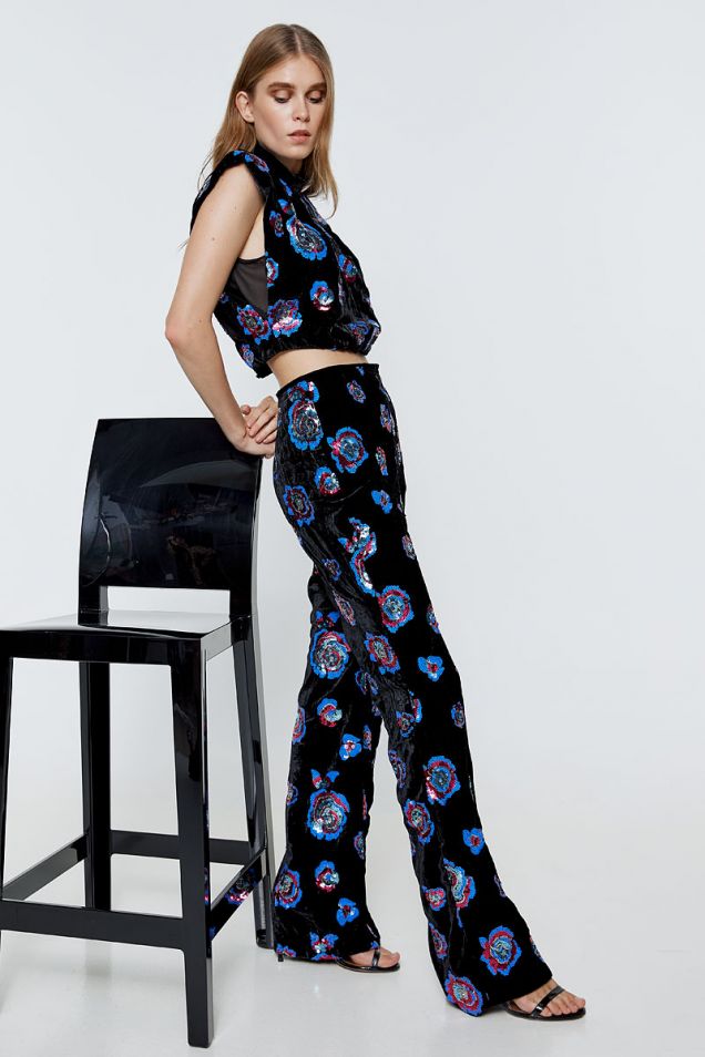 Velvet pants embroidered with sequins