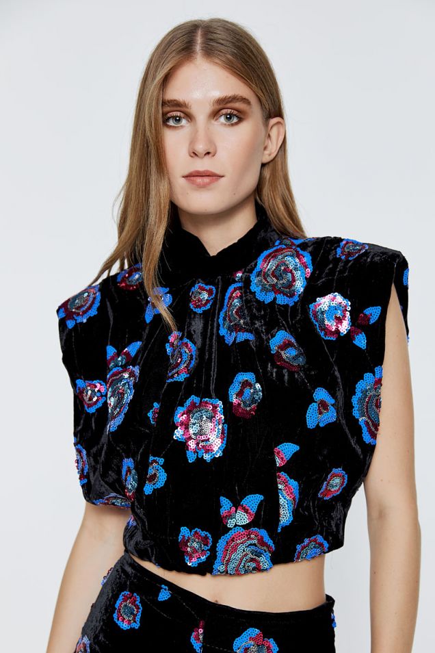 Cropped velvet top embroidered with sequins