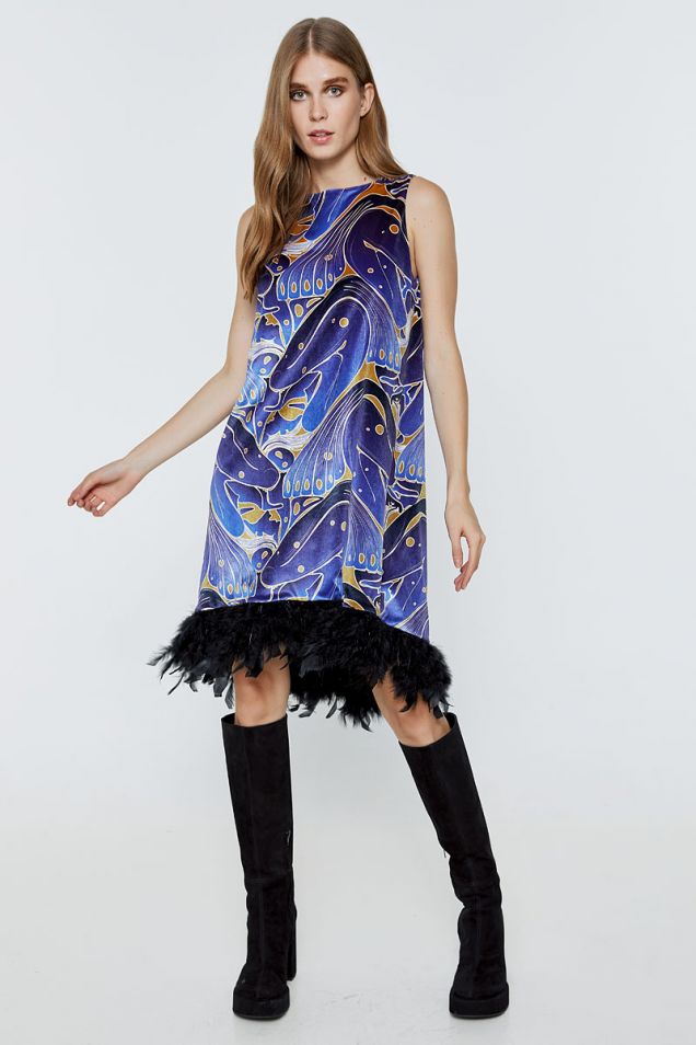 Feather embellished printed dress