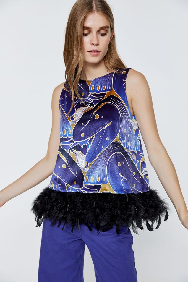 Feather-trimmed embellished printed blouse