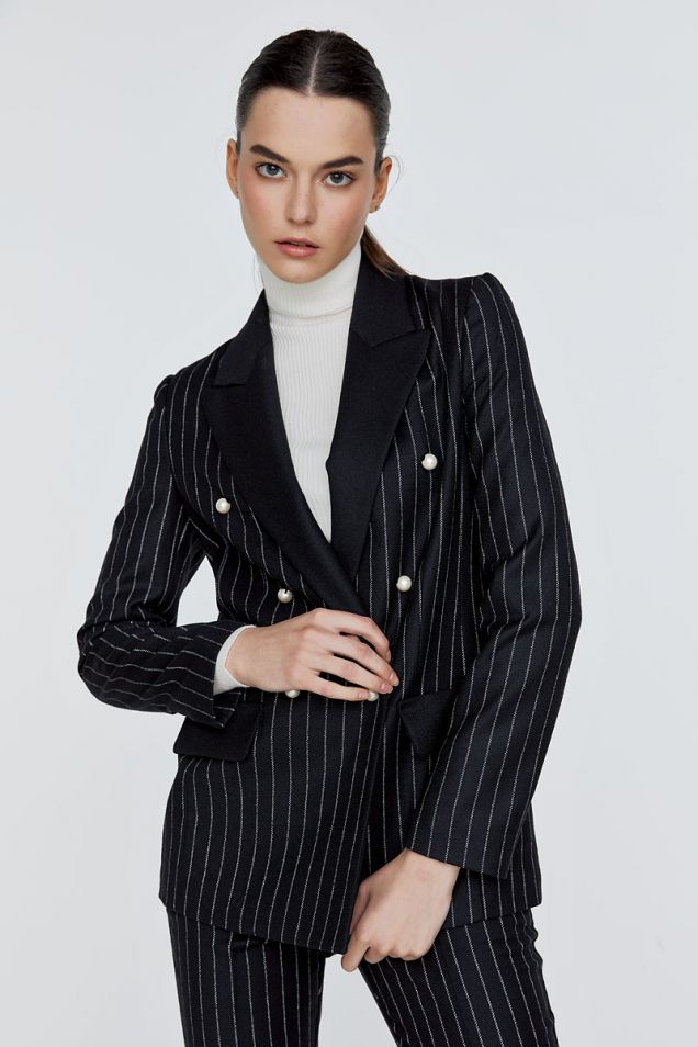 Stretchy double-breasted pinstripe blazer with pearl buttons
