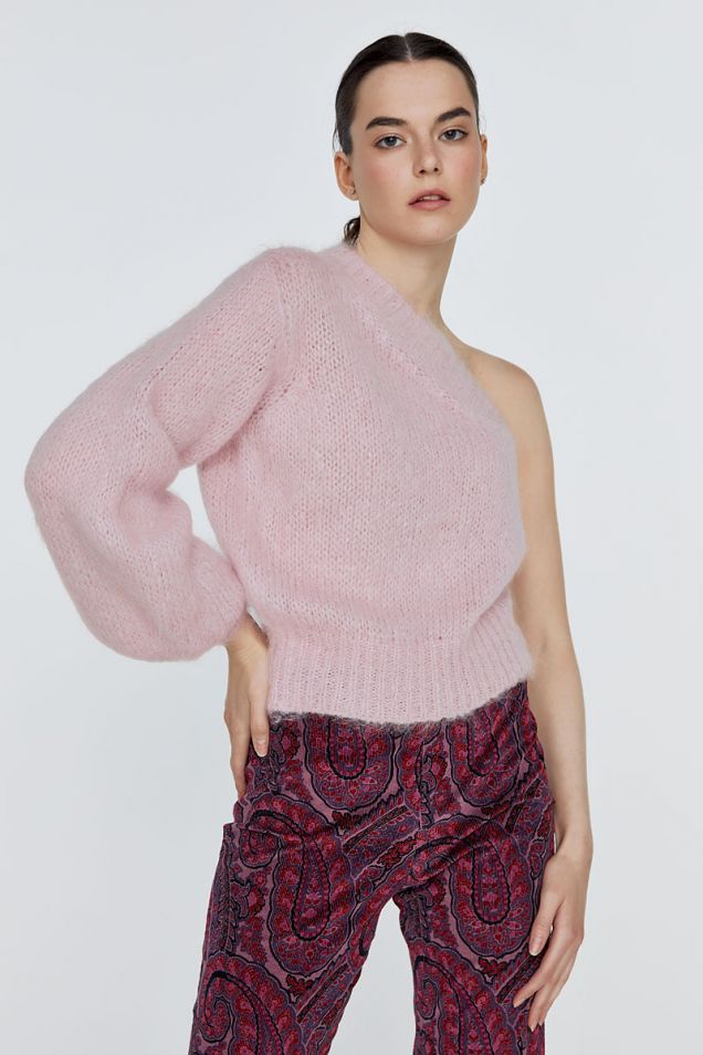 One-shoulder knit in brushed mohair