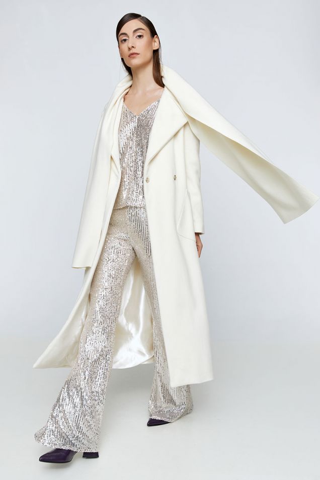 Long scarf-neck coat in ivory