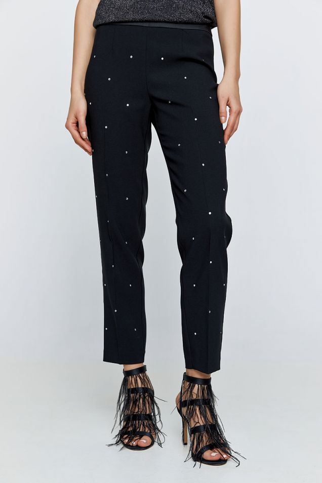 Tailored pants in viscose crepe embellished with rhinestones