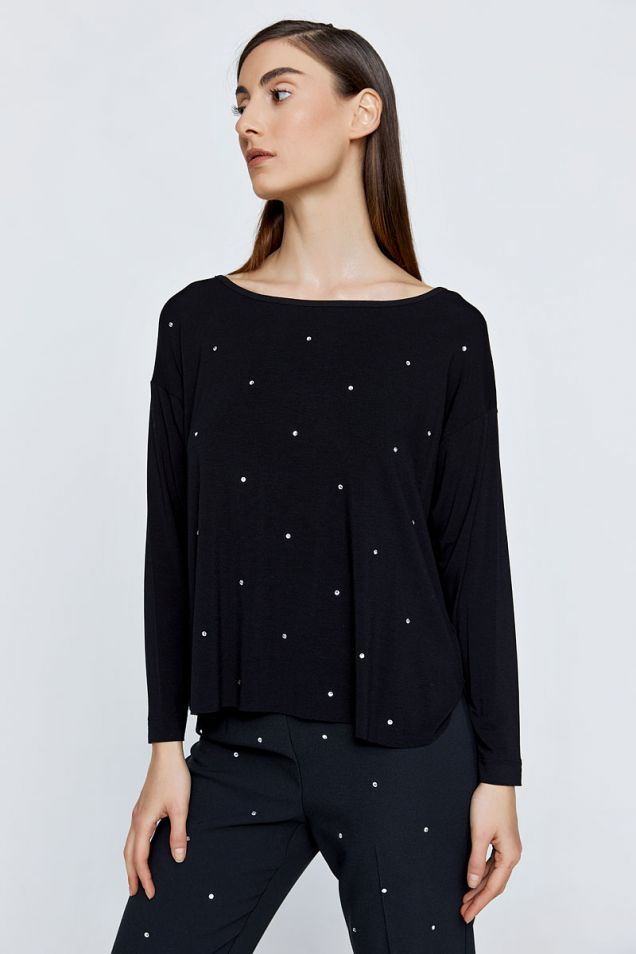 Rhinestone long-sleeved top in stretchy jersey