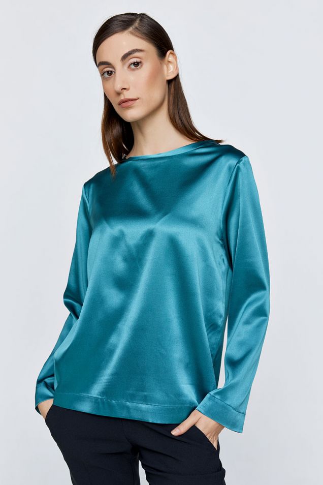 Silk T-shirt with long sleeves in petrol