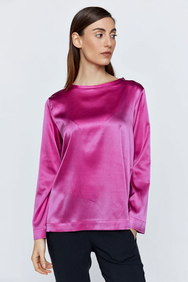  Silk T-shirt with long sleeves in fuchsia 