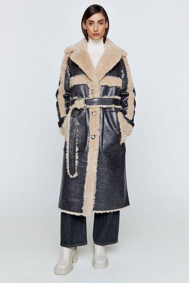 Reversible belted faux leather and shearling coat