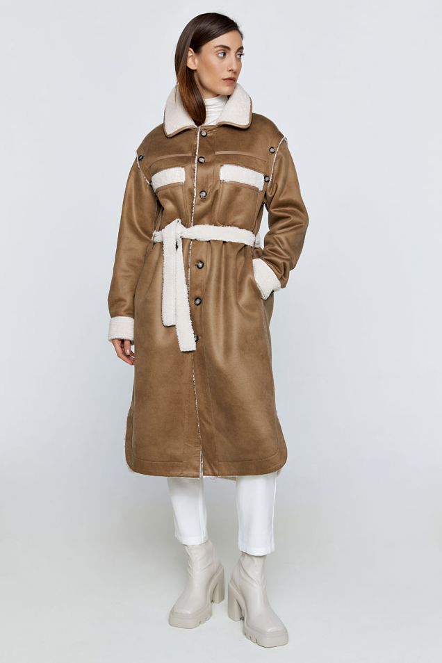 Reversible faux fur and faux shearling coat