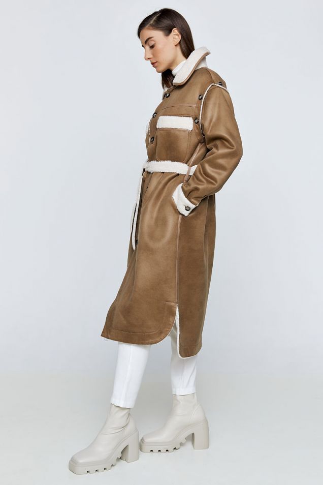 Reversible faux fur and faux shearling coat