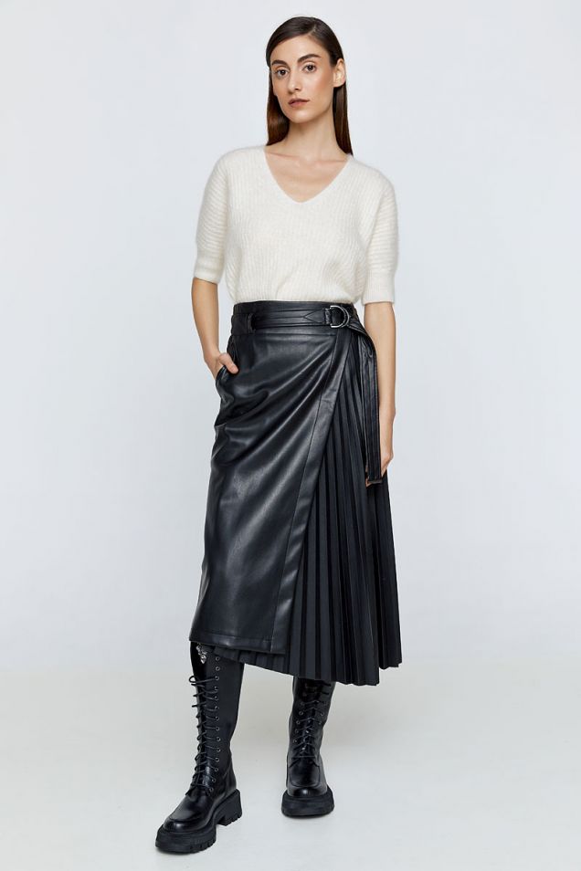 Faux leather wrap midi skirt in black