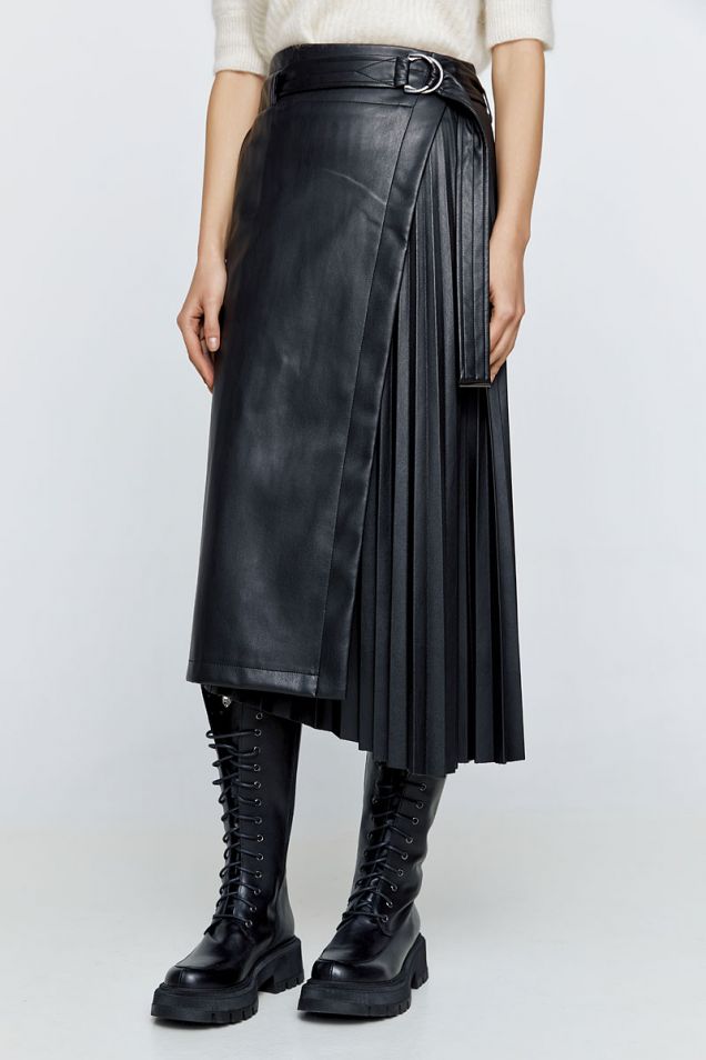 Faux leather wrap midi skirt in black