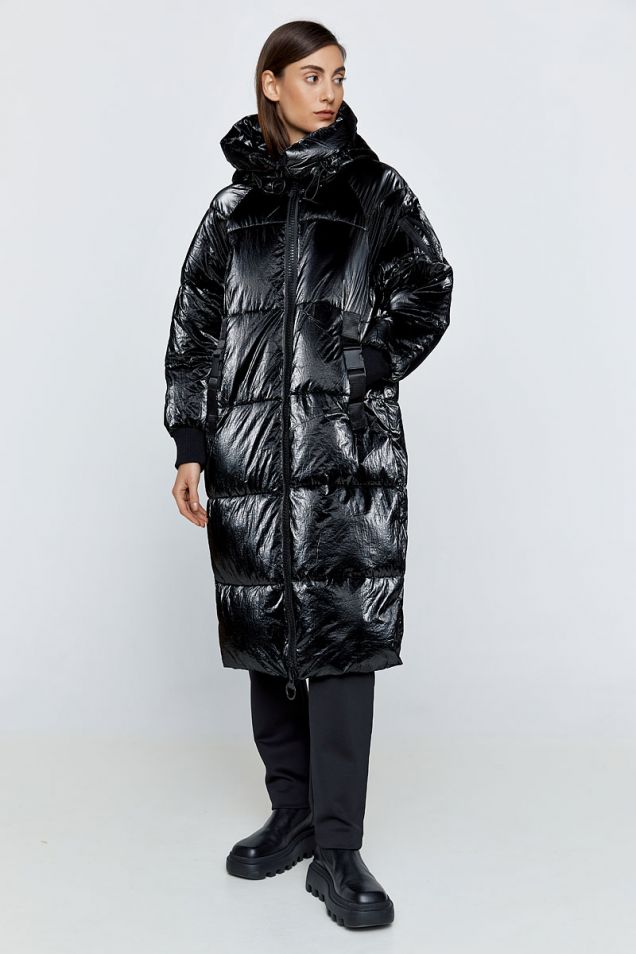 Longline hooded padded jacket in black
