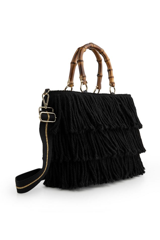 Leather and wool-blend fringed tote bag 