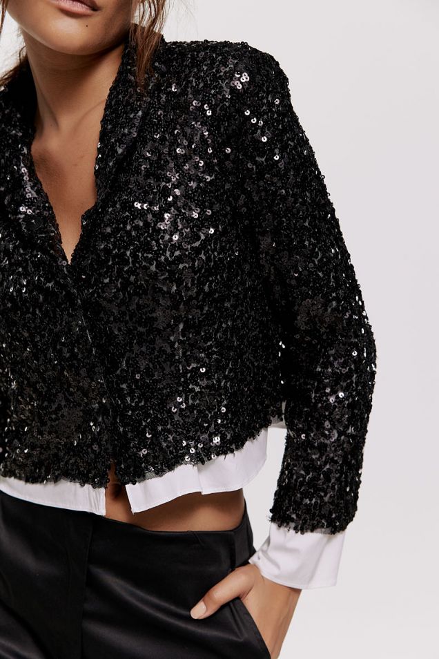 Sequined cropped jacket in black and white 