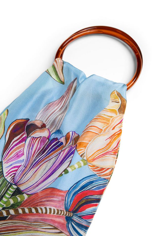 Small printed silk bag embellished with fringes 